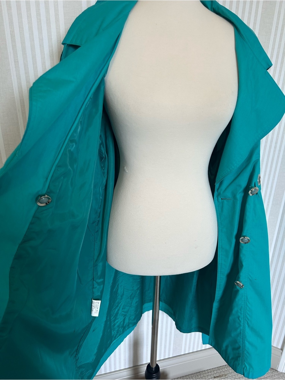 BMI par Balimel Vintage Trench Coat 80s Double Breasted Turquoise Belted - Picture 8 of 12